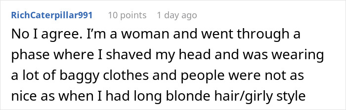 Screenshot of a woman sharing her experience losing pretty privilege after changing her style and appearance online. Screenshot of a woman sharing her experience losing pretty privilege after changing her style and appearance online.