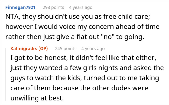 Screenshot of Reddit comments discussing a man watching four kids and avoiding trips with girlfriend’s family again. Screenshot of Reddit comments discussing a man watching four kids and avoiding trips with girlfriend’s family again.