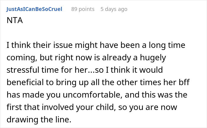 Screenshot of a Reddit comment discussing a man kicking out his wife’s best friend after a joking comment about wanting his baby. Screenshot of a Reddit comment discussing a man kicking out his wife’s best friend after a joking comment about wanting his baby.