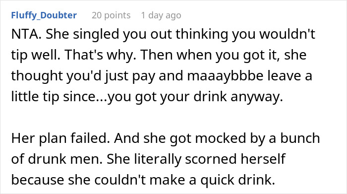 Screenshot of a Reddit comment discussing not tipping a waitress on a 300+ dollar tab and the waitress’s reaction. Screenshot of a Reddit comment discussing not tipping a waitress on a 300+ dollar tab and the waitress’s reaction.