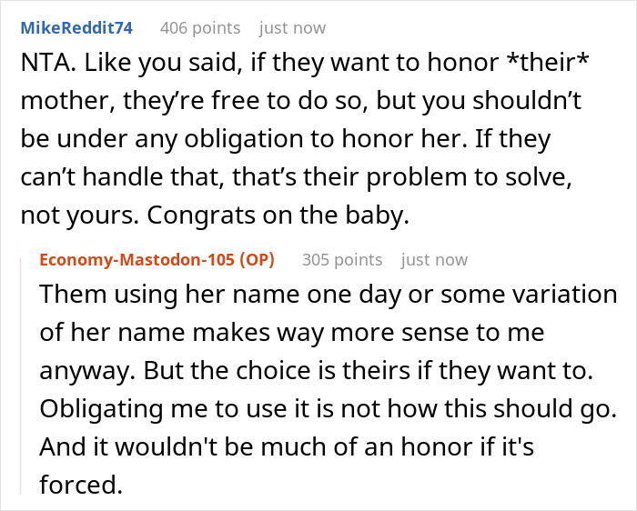 Reddit conversation about dad seeing grandbaby as sign from late wife and his demand to name the baby after her being rejected. Reddit conversation about dad seeing grandbaby as sign from late wife and his demand to name the baby after her being rejected.