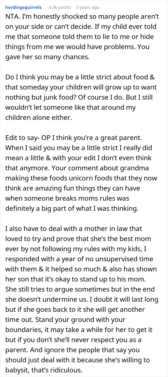 Comment discussing a mom refusing to leave kids with mother-in-law over repeated fast food feeding and parenting boundaries. Comment discussing a mom refusing to leave kids with mother-in-law over repeated fast food feeding and parenting boundaries.