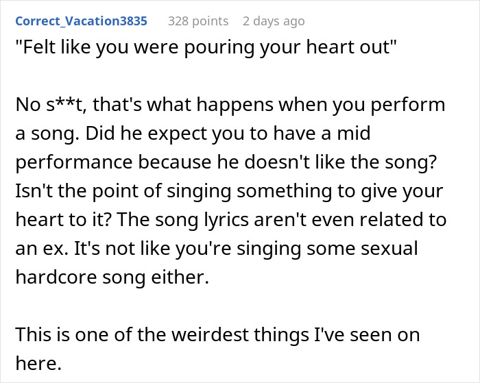 Text post discussing a guy not liking how his girlfriend connects with the song she performs at school. Text post discussing a guy not liking how his girlfriend connects with the song she performs at school.