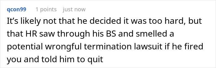 Screenshot of a forum comment about a manager wanting to fire an employee with baseless claims but facing proof challenges. Screenshot of a forum comment about a manager wanting to fire an employee with baseless claims but facing proof challenges.