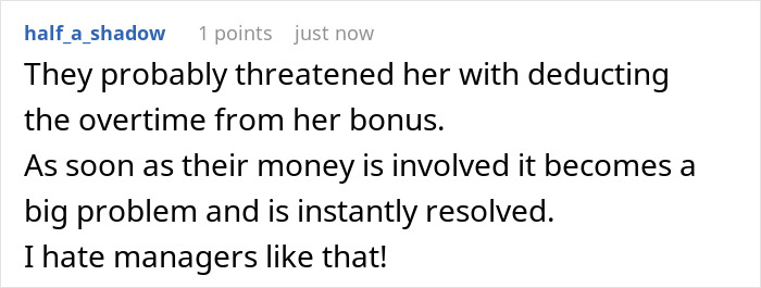 Comment on workers shamed by boss obsessed with punctuality, discussing overtime and management issues. Comment on workers shamed by boss obsessed with punctuality, discussing overtime and management issues.