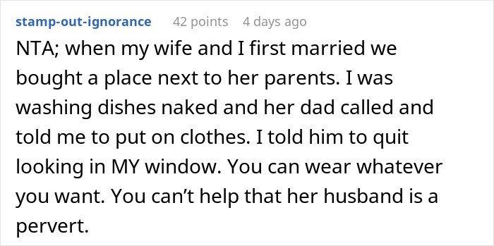 Screenshot of a Reddit comment discussing a neighbor complaining about a woman’s outfit due to her husband staring.