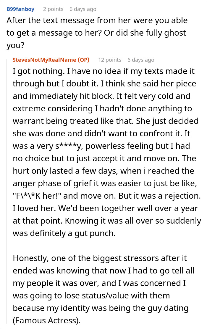 Reddit user shares emotional experience of dating a famous actress and the struggle after their breakup.