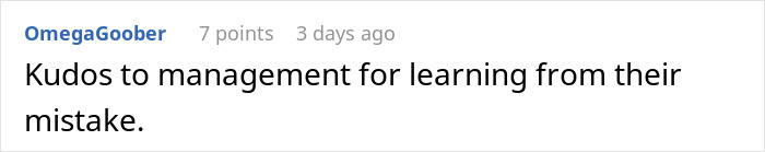 Comment praising management for learning from their mistake in a retail setting discussing empty shelves and sales issues. Comment praising management for learning from their mistake in a retail setting discussing empty shelves and sales issues.