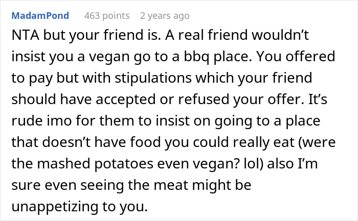 Screenshot of a Reddit comment discussing a friend laughing off a vegan’s warning about paying only for his food.