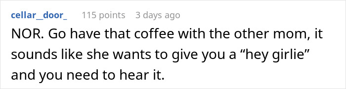 Comment discussing a flirty dad dropping off sweets to another mom at school, raising wife’s concerns about a red flag. Comment discussing a flirty dad dropping off sweets to another mom at school, raising wife’s concerns about a red flag.