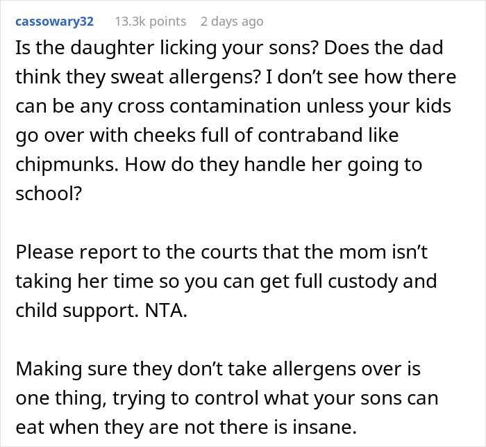 Comment discussing dad refusing to change kids’ diet despite concerns about allergens and custody issues. Comment discussing dad refusing to change kids’ diet despite concerns about allergens and custody issues.
