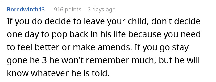 Screenshot of a forum comment discussing the impact of a mother leaving her unwanted child and dealing with a cheating husband. Screenshot of a forum comment discussing the impact of a mother leaving her unwanted child and dealing with a cheating husband.