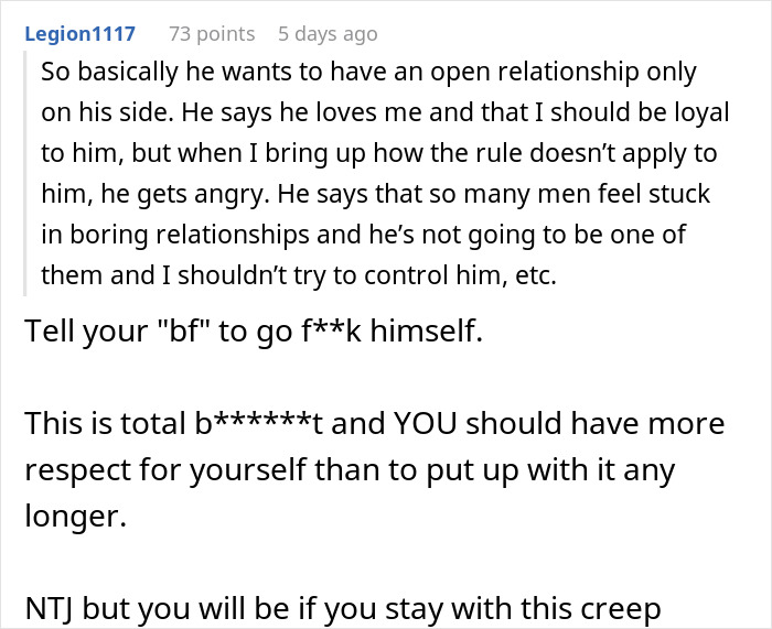 Comment discussing hypocrisy in an open relationship where the guy sleeps around but controls his girlfriend’s actions. Comment discussing hypocrisy in an open relationship where the guy sleeps around but controls his girlfriend’s actions.