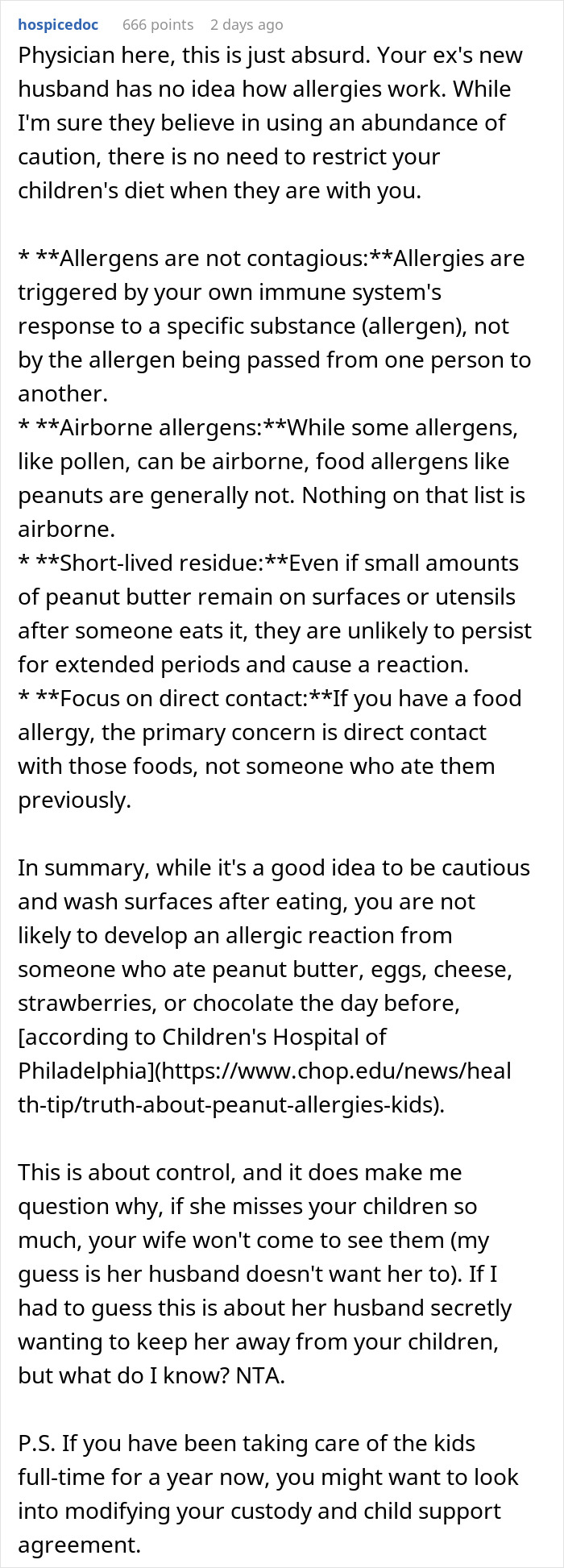 Comment on dad refusing to change kids’ diet due to ex’s new husband concerns about allergies and custody control issues. Comment on dad refusing to change kids’ diet due to ex’s new husband concerns about allergies and custody control issues.