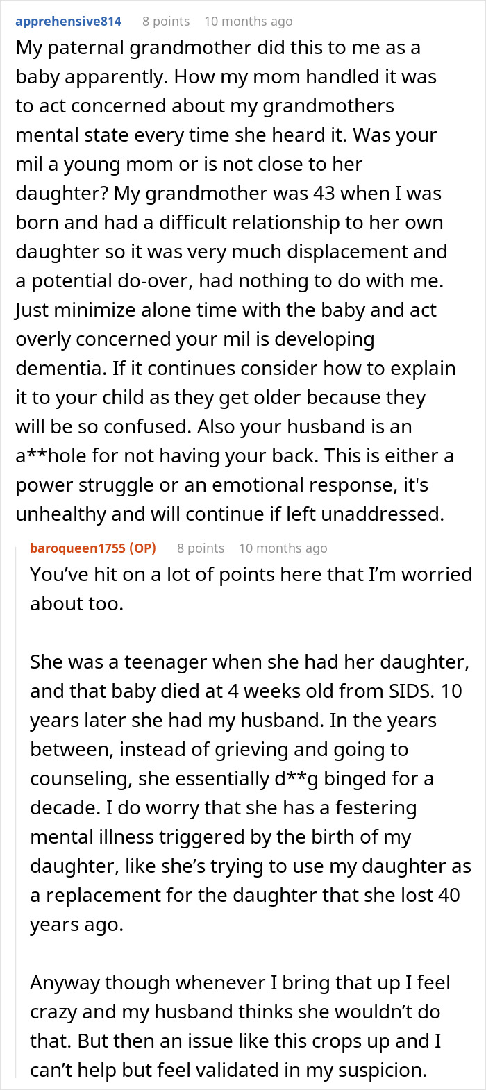 Reddit comments discussing mil calls herself mommy, mental illness, and family dynamics involving a grandmother and mother. Reddit comments discussing mil calls herself mommy, mental illness, and family dynamics involving a grandmother and mother.