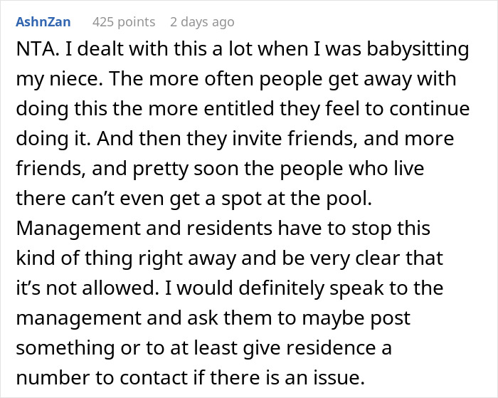 Screenshot of online comment discussing condo pool rules and non-resident family use causing issues for residents.