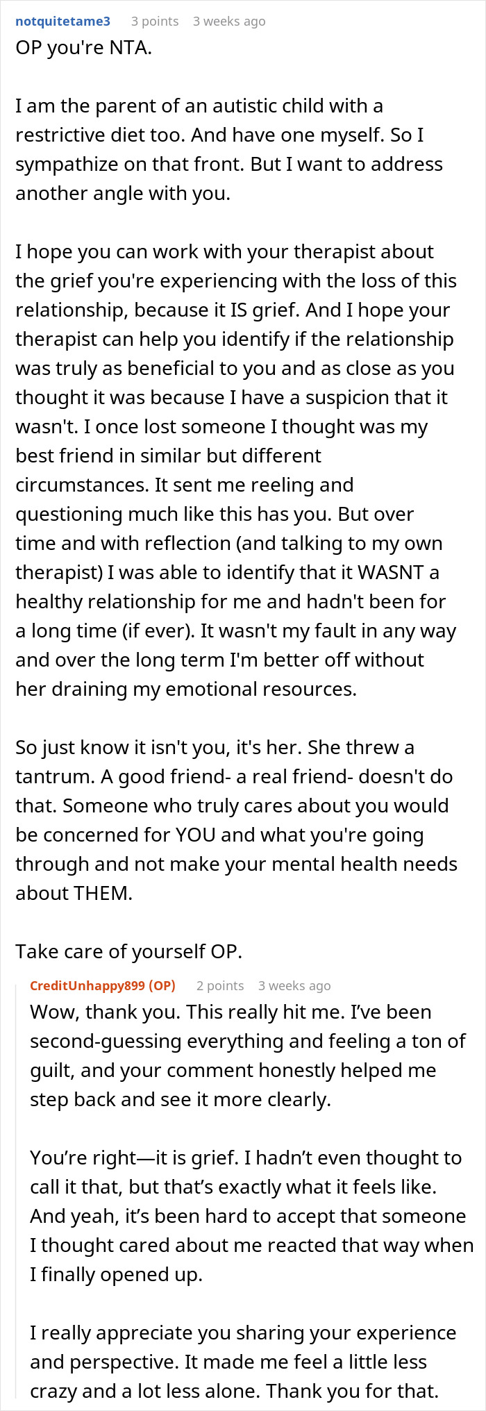 Screenshot of a Reddit conversation about how food talk triggers a woman due to her son’s autism and cousin’s reaction.