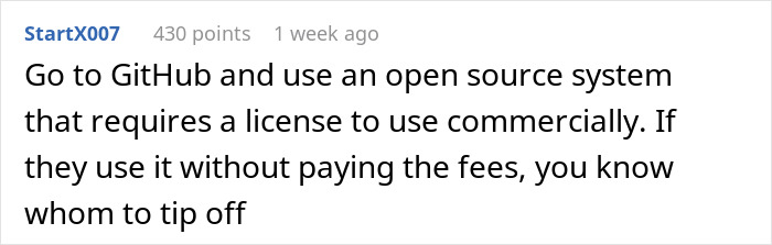 User comment discussing using GitHub open source systems and licensing, related to worker handling a new project after being fired. User comment discussing using GitHub open source systems and licensing, related to worker handling a new project after being fired.
