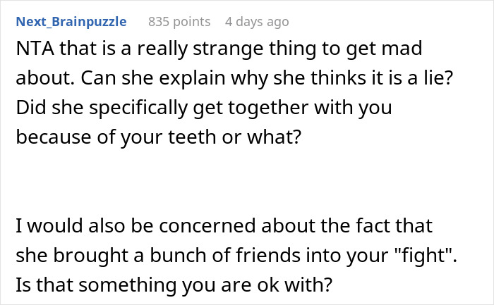 Screenshot of a Reddit comment discussing a man revealing his teeth aren’t real after 3 years, causing trust issues.