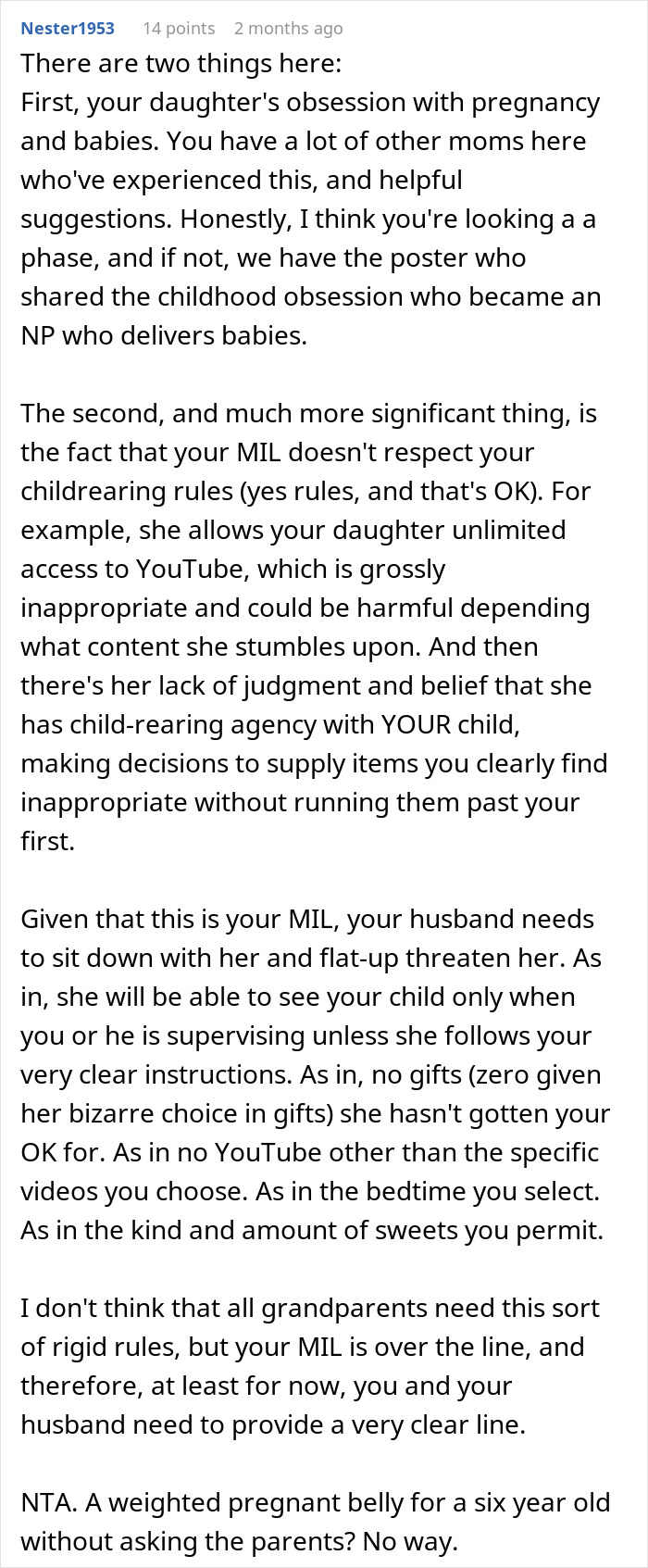 Text post discussing a mom furious over MIL’s weird gift to her pregnancy-obsessed 6-year-old child. Text post discussing a mom furious over MIL’s weird gift to her pregnancy-obsessed 6-year-old child.
