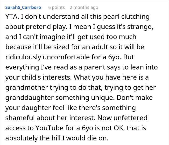 Comment discussing a grandmother’s weird gift to a pregnancy-obsessed 6-year-old from a furious mom online. Comment discussing a grandmother’s weird gift to a pregnancy-obsessed 6-year-old from a furious mom online.