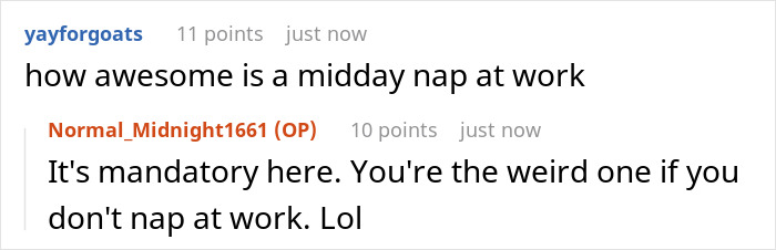 Screenshot of a Reddit conversation about taking midday naps at work with users sharing their opinions on the topic. Screenshot of a Reddit conversation about taking midday naps at work with users sharing their opinions on the topic.