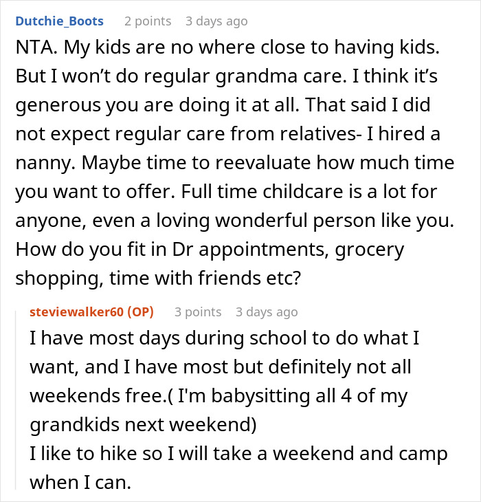Reddit conversation about a woman upset her mom booked a vacation and won’t babysit her two kids. Reddit conversation about a woman upset her mom booked a vacation and won’t babysit her two kids.