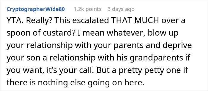 User comment expressing frustration over keeping son away from grandmother after being fed custard, questioning the escalation. User comment expressing frustration over keeping son away from grandmother after being fed custard, questioning the escalation.