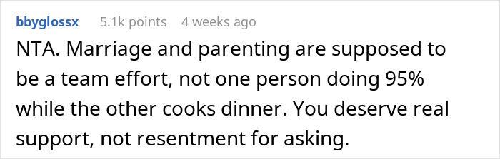 Screenshot of an online comment discussing marriage and parenting teamwork, related to refusing to help with a child. Screenshot of an online comment discussing marriage and parenting teamwork, related to refusing to help with a child.