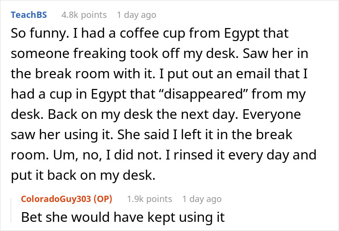 Reddit conversation about a stolen coffee cup, featuring a coworker and mentioning coffee and a Hawaii mug.