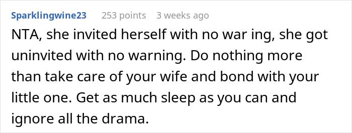 Screenshot of a forum comment about a MIL annoying a new mom and being uninvited, advising to ignore drama and rest. Screenshot of a forum comment about a MIL annoying a new mom and being uninvited, advising to ignore drama and rest.