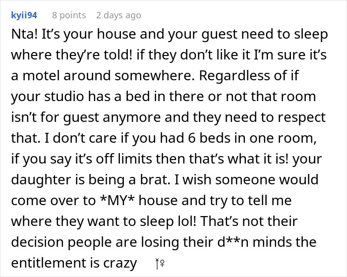 User comment defending a guy prioritizing his miniature wargaming studio over his daughter and her fiancé’s sleeping arrangements. User comment defending a guy prioritizing his miniature wargaming studio over his daughter and her fiancé’s sleeping arrangements.