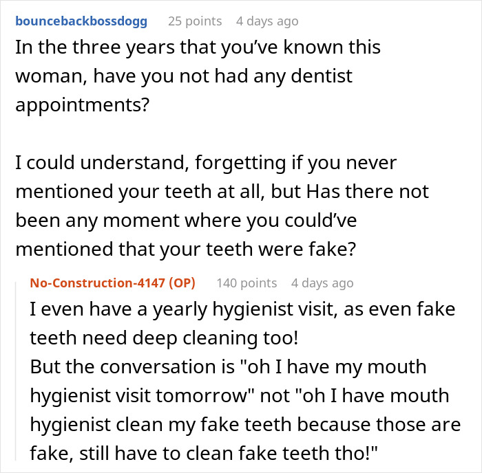 Conversation about man revealing his teeth are fake after years, discussing dental visits and trust issues in relationship.