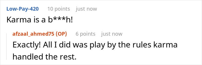 Screenshot of an online comment thread discussing a failed attempt to sabotage a neighbor’s fence and resulting karma.