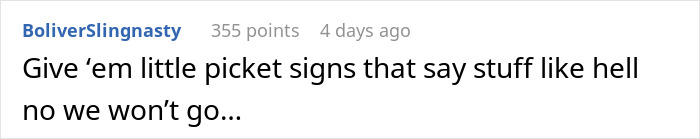 Comment text on a social platform discussing a Facebook campaign against neighbor's pink flamingos and a reply to buy more. Comment text on a social platform discussing a Facebook campaign against neighbor's pink flamingos and a reply to buy more.