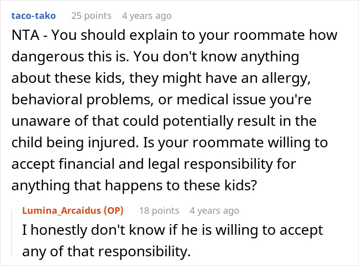 Commenter warns roommate about dangers of babysitting girlfriend’s kids and questions parental responsibility. Commenter warns roommate about dangers of babysitting girlfriend’s kids and questions parental responsibility.