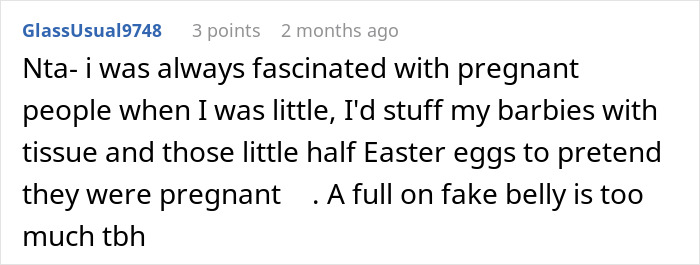 Screenshot of an online comment where a user shares a story about a pregnancy-obsessed 6-year-old and a weird gift from MIL. Screenshot of an online comment where a user shares a story about a pregnancy-obsessed 6-year-old and a weird gift from MIL.
