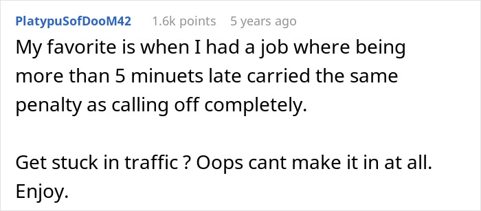 Comment about strict late rule at work, highlighting consequences of being even a few minutes late for overtime enforcement discussion. Comment about strict late rule at work, highlighting consequences of being even a few minutes late for overtime enforcement discussion.