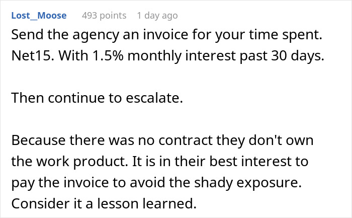 Screenshot of a Reddit comment advising to invoice an agency for interview task time to avoid unpaid work.