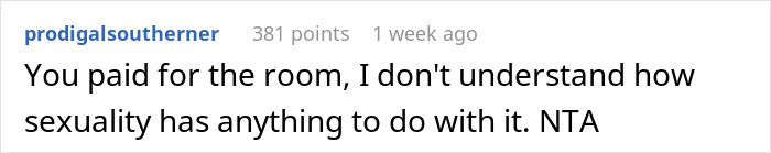 User comment about man refusing to give up paid master bedroom, discussing accusations of homophobia and sexuality. User comment about man refusing to give up paid master bedroom, discussing accusations of homophobia and sexuality.