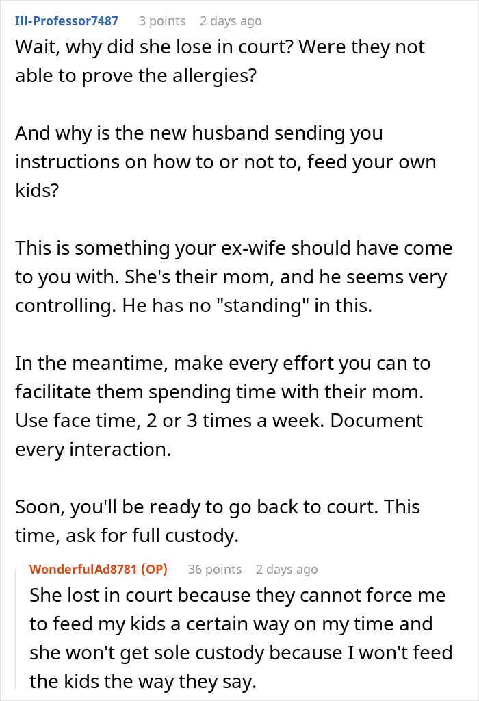 Reddit comments discussing a dad refusing to change kids’ diet despite ex’s new husband wanting control. Reddit comments discussing a dad refusing to change kids’ diet despite ex’s new husband wanting control.