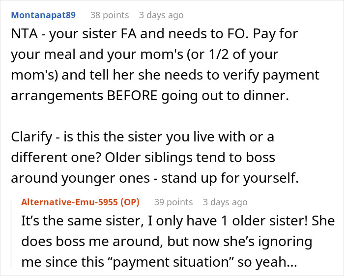 Screenshot of Reddit conversation discussing someone refusing to pay after finding out they are treating the table at dinner. Screenshot of Reddit conversation discussing someone refusing to pay after finding out they are treating the table at dinner.