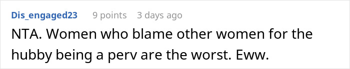 Screenshot of a Reddit comment discussing a neighbor complaining about a woman’s outfit due to her husband staring.