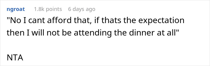 Comment on a forum expressing refusal to pay for a fancy restaurant dinner expected by MIL for 8 people on son's birthday. Comment on a forum expressing refusal to pay for a fancy restaurant dinner expected by MIL for 8 people on son's birthday.
