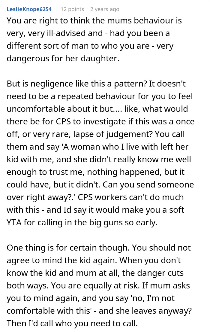 Comment discussing concerns about a woman abandoning her child with a stranger roommate for a brief work emergency. Comment discussing concerns about a woman abandoning her child with a stranger roommate for a brief work emergency.