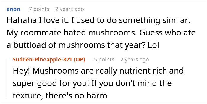 Alt text: Screenshot of a Reddit conversation about a person getting revenge on a roommate stealing food off the plate. Alt text: Screenshot of a Reddit conversation about a person getting revenge on a roommate stealing food off the plate.