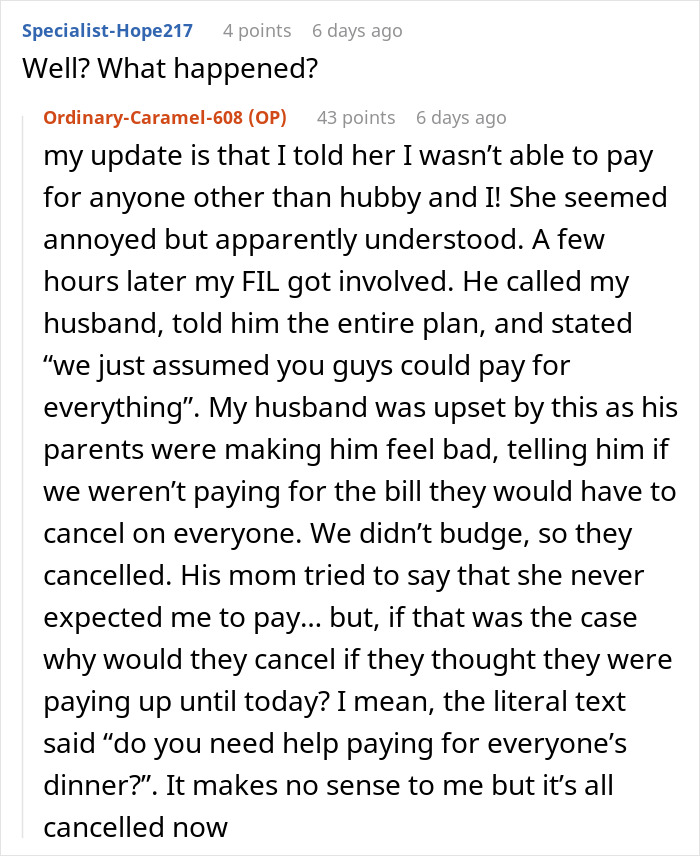Text conversation about MIL expecting DIL to pay for 8 people at fancy restaurant, causing family conflict and cancellation. Text conversation about MIL expecting DIL to pay for 8 people at fancy restaurant, causing family conflict and cancellation.