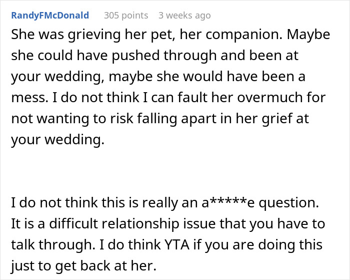Comment discussing maid of honor grieving her dog and the impact on attending sister’s wedding and relationship tensions. Comment discussing maid of honor grieving her dog and the impact on attending sister’s wedding and relationship tensions.
