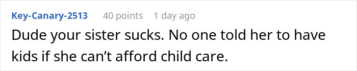 Screenshot of an online comment discussing being too depressed to babysit and challenges with child care responsibilities. Screenshot of an online comment discussing being too depressed to babysit and challenges with child care responsibilities.