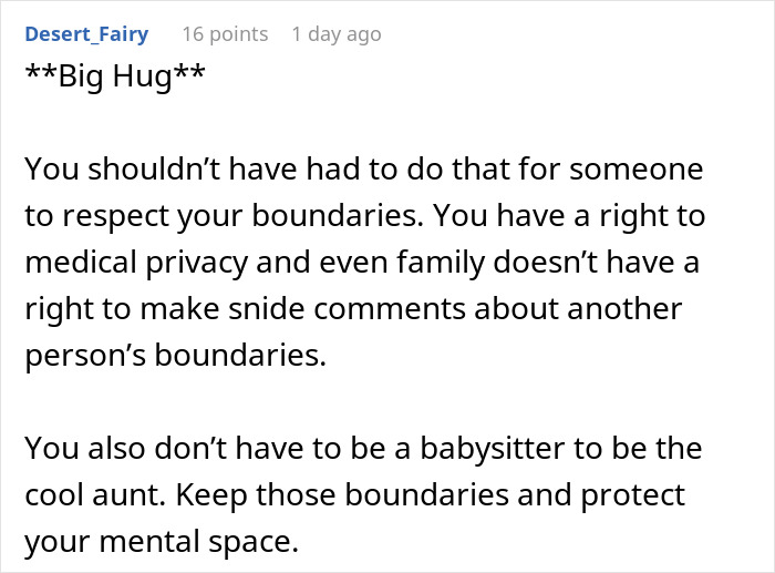 Comment about respecting boundaries and mental health related to being too depressed to babysit on a forum thread. Comment about respecting boundaries and mental health related to being too depressed to babysit on a forum thread.